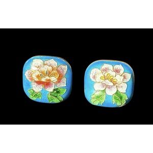 Vintage Cloisonné Enamel Clip On Earrings ~ Cottagecore ~